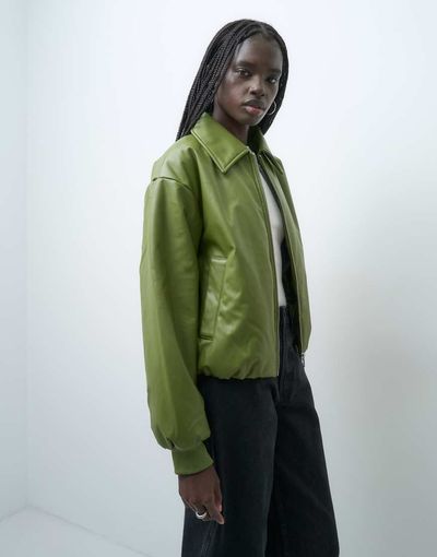 Pieces Leather-Look Padded Bomber Jacket In Moss Green