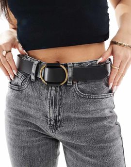 Pieces Pieces leather belt with round buckle in black