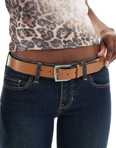 Pieces Pieces leather belt with square buckle in cognac-Brown