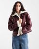 Pieces Pieces leather look and teddy mix short jacket in burgundy-Red - 1