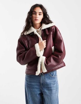 Pieces Pieces leather look and teddy mix short jacket in burgundy-Red