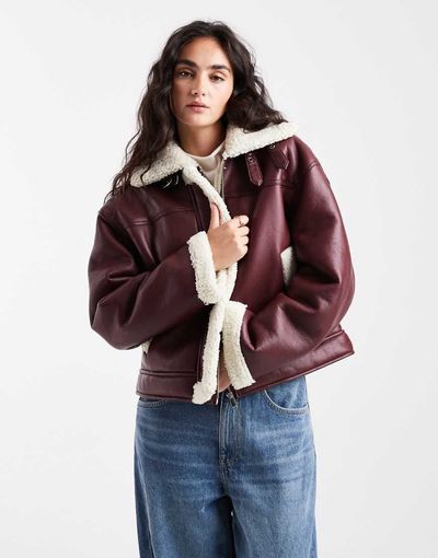 Pieces Pieces leather look and teddy mix short jacket in burgundy-Red