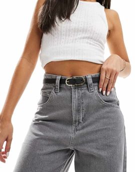 Pieces Pieces leather look gold double buckle belt in black
