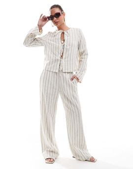 Pieces Pieces linen touch high waist wide leg pants in birch cream and blue stripe - part of a set