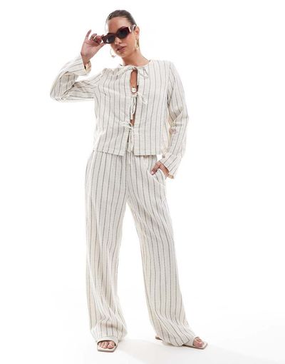 Pieces Pieces linen touch high waist wide leg pants in birch cream and blue stripe - part of a set