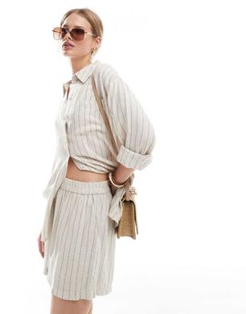 Pieces Pieces linen touch shorts in birch cream and black stripe - part of a set
