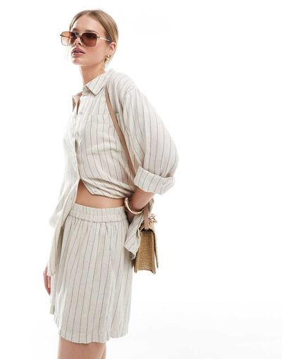 Pieces Pieces linen touch shorts in birch cream and black stripe - part of a set