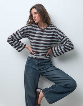 Pieces Pieces long sleeve t-shirt in brown and light blue stripe