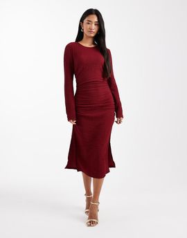 Pieces Pieces long sleeve textured ruched midi dress in red