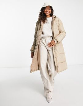 Pieces Pieces longline padded coat with hood in soft beige-Neutral