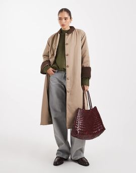 Pieces PIECES longline trench coat with collar detail in beige-Brown