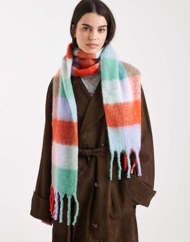 Pieces Pieces medium super soft tassel scarf in bright contrast plaid-Purple