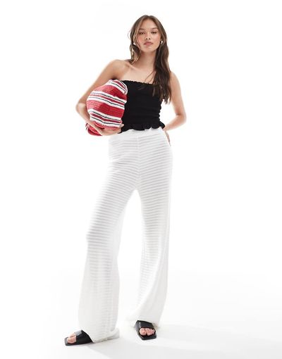 Pieces Pieces mix and match self stripe knit wide leg pants in off-white