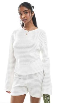 Pieces Pieces mix and match self striped knit wide sleeve top in off white