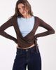 Pieces Pieces multi layer wrap detail jersey top in brown and pastel blue - 1