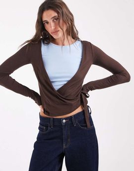 Pieces Pieces multi layer wrap detail jersey top in brown and pastel blue