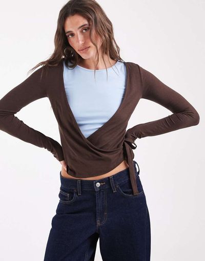 Pieces Pieces multi layer wrap detail jersey top in brown and pastel blue