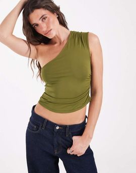 Pieces Pieces one shoulder slinky ruched top in moss green