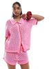 Pieces Pieces open knit boxy polo top in pink and red - part of a set - 1