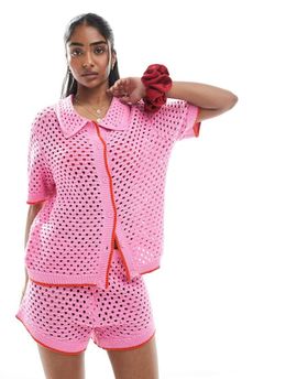 Pieces Pieces open knit boxy polo top in pink and red - part of a set