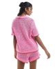 Pieces Pieces open knit boxy polo top in pink and red - part of a set - 2