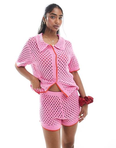 Pieces Pieces open knit shorts in pink and red - part of a set