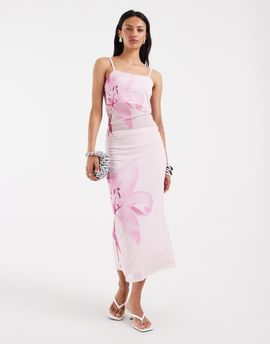 Pieces PIECES overblown placement floral print mesh midi skirt in pastel pink - part of a set