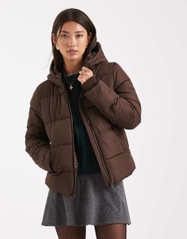 Pieces Pieces padded coat with hood in chocolate brown