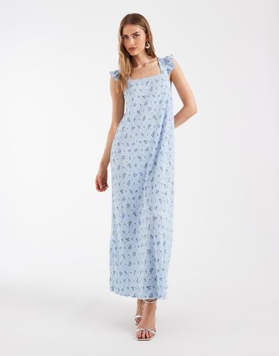 Pieces PIECES plissé maxi dress with frill sleeves in blue floral