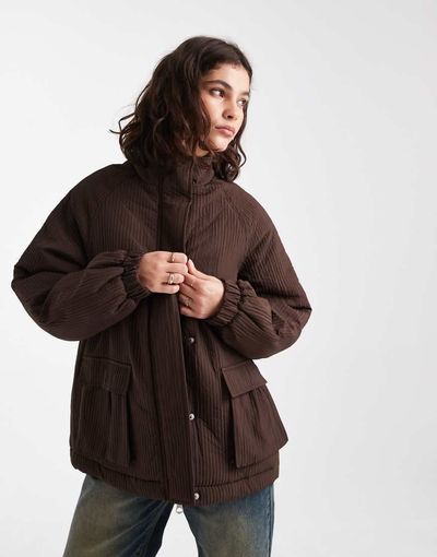 Pieces Pieces plisse effect funnel neck jacket in chocolate brown