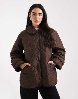 Pieces Pieces quilted jacket with collar detail in chocolate brown