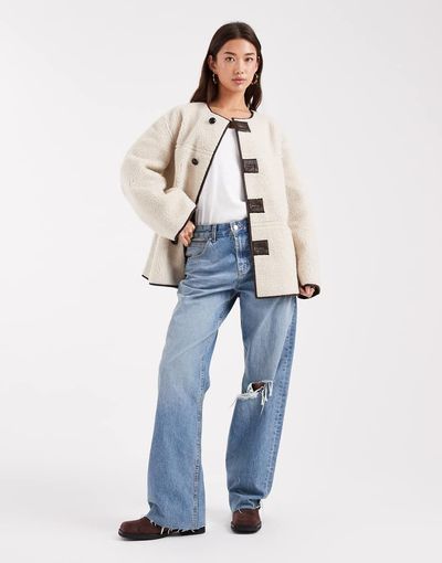 Pieces Pieces reversible teddy and faux leather jacket in cream and brown