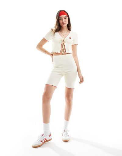 Pieces Pieces ribbed legging shorts with red trim in cream - part of a set-White