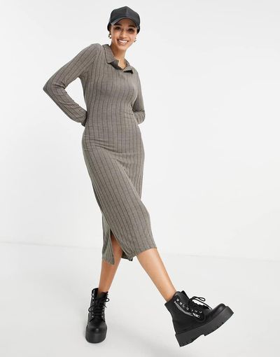 Pieces Pieces ribbed polo midi dress in gray-Green