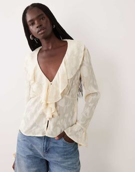 Pieces Pieces ruffle trim blouse in cream-WHITE