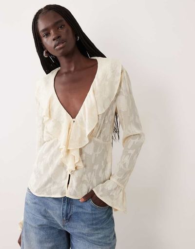 Pieces Pieces ruffle trim blouse in cream-WHITE