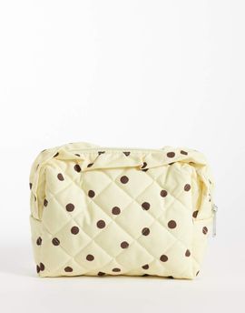 Pieces Pieces ruffle trim toiletries bag in yellow and brown polka dot print