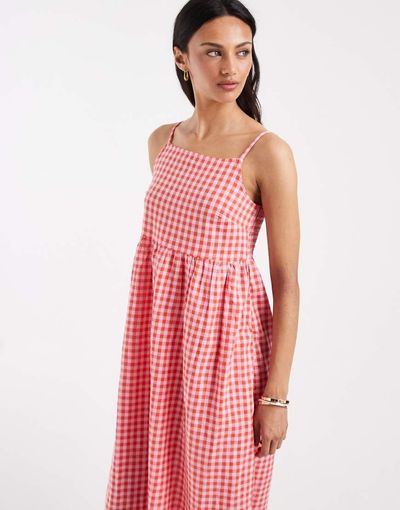 Pieces PIECES seersucker cami maxi dress in pink and red gingham print-Multi