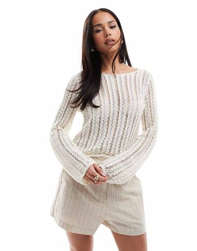 Pieces Pieces self stripe crochet knit cropped top in cloud white