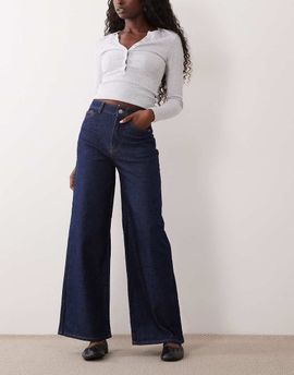 Pieces Pieces Selma high waisted wide leg jeans in dark blue denim