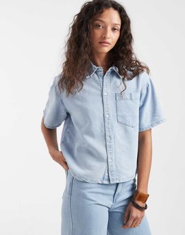 Pieces PIECES short sleeve denim shirt in light blue wash - part of a set