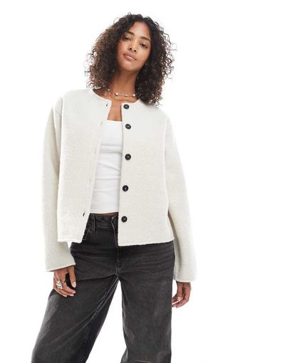Pieces Pieces short teddy jacket in cream-White
