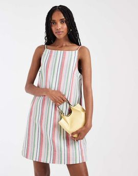 Pieces PIECES square neck denim mini dress in washed retro striped print-White