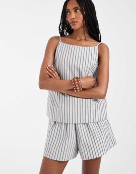 Pieces PIECES square neck denim top in light blue and brown stripes - part of a set