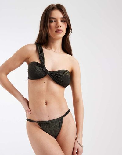 Pieces PIECES string side bikini bottoms in black and gold glitter - part of a set