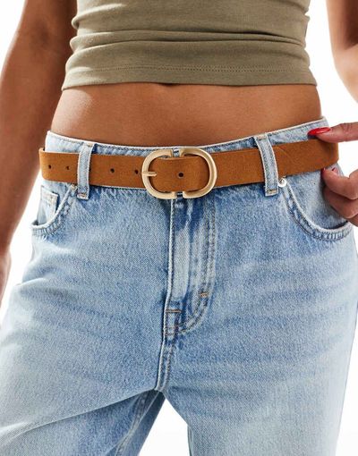 Pieces Pieces suede gold double buckle belt in cognac brown