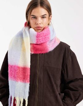 Pieces Pieces super soft tassel scarf in bright multicolored plaid