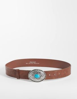 Pieces PIECES textured ornate buckle belt in brown