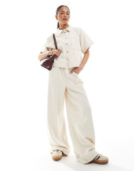 Pieces Pieces textured twill wide leg pants in raw cotton cream - part of a set-White