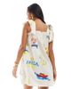 Pieces Pieces tie shoulder cami smock mini dress in cream based conversational print-Yellow - 3